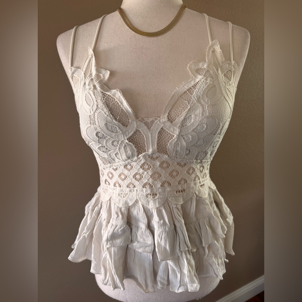 Lace Ruffle Peplum Top in Beige